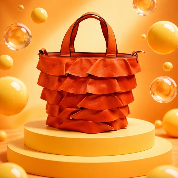 No Label Handbags - Adorable Ruffled Tote In A Pretty Pumpkin Hue